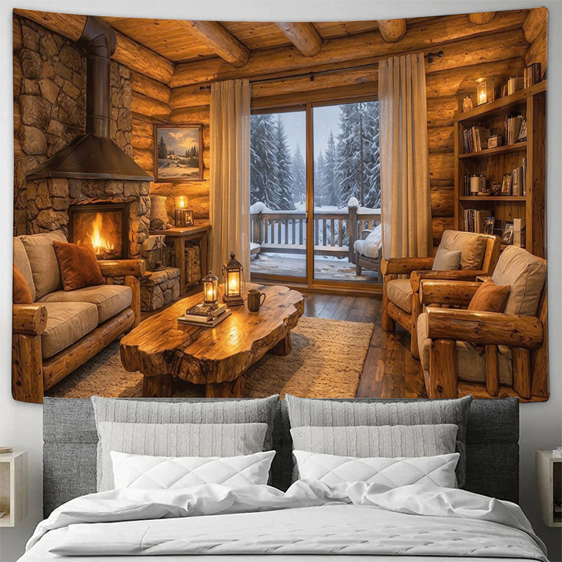 Interior Design Home - Gemütliche Wandteppiche mit Kaminmotiv im Holzhüttenstil,
