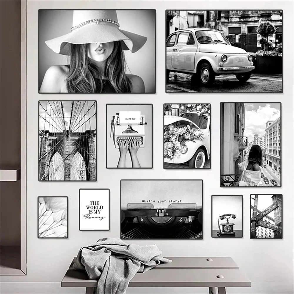 Interior Design Studio - Retro Telefon Schreibmaschine Auto Ölgemälde schwarz