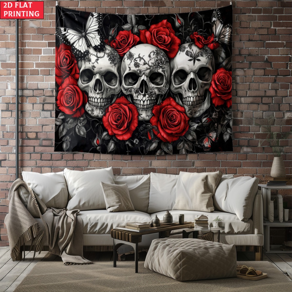 Interior Design Home - ungerahmter Totenkopf und Rosen, Gothic-Wandteppich, dunkle