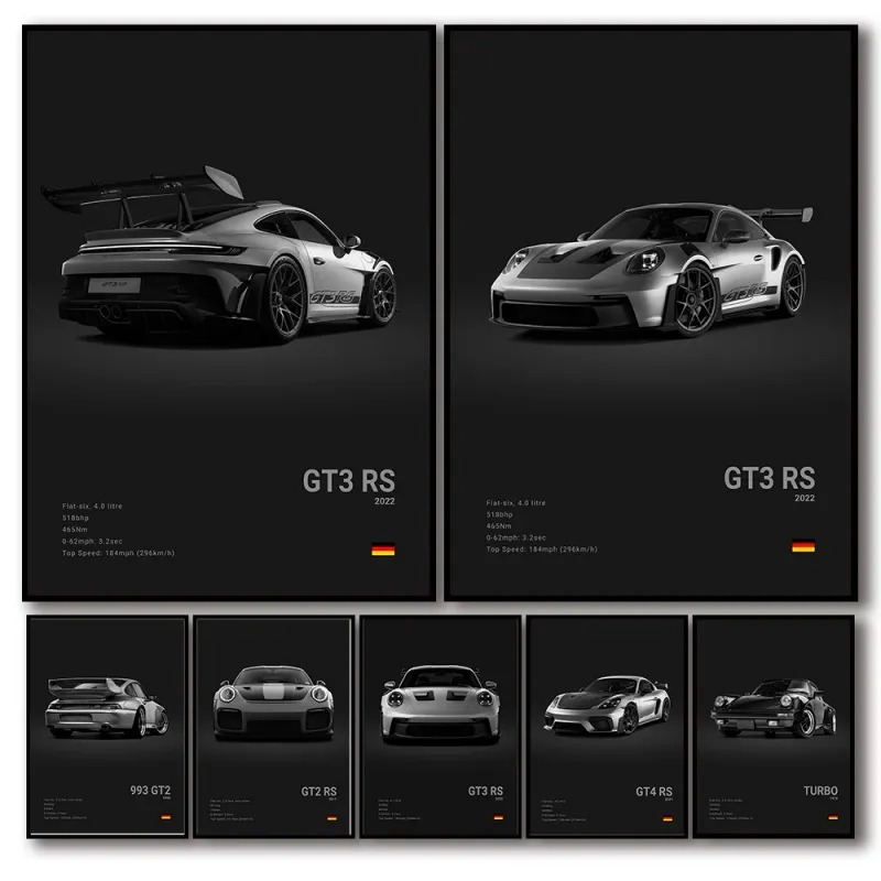 Interior Design Studio - Pop schwarz-weißes deutsches Luxus-Sportwagen-Poster, Wandkunst 911,